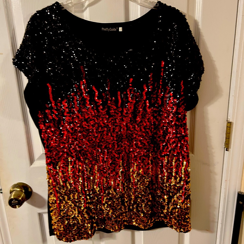 Women's Sequin Blouse - Black, Red, Gold
